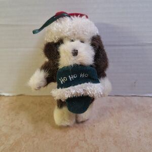 Boyds Bears Brown White Plush Dog 'Holiday' Ho Ho Ho Christmas Ornament 6" Hat